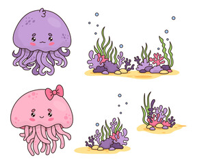 Collection cute jellyfish boy, girl and underwater bottom with algae, corals. Isolated undersea elements and funny cartoon animal kawaii character. Vector illustration. Kids collection.
