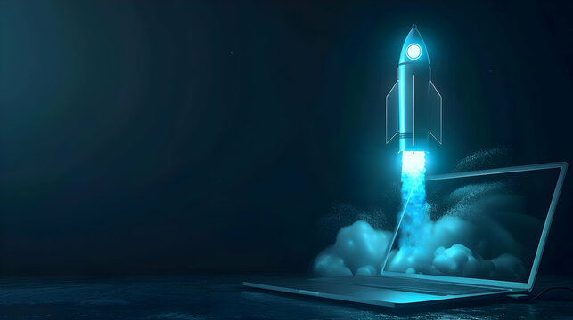 Blue rocket lift off of a laptop on a desktop, concept Faster application, creative idea Startup development and growth