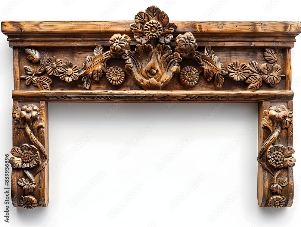 Poster handcrafted wooden frame with carved rustic and unique details isolated on white background