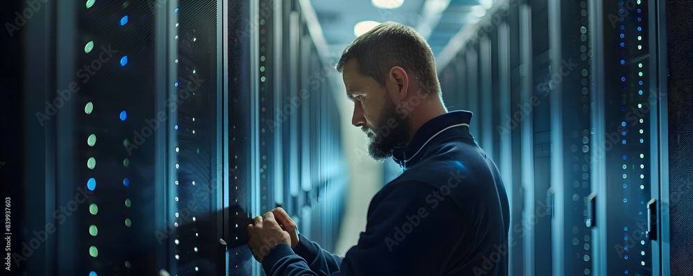 Poster it technician repairing a server in a large data center with rows of servers in the background