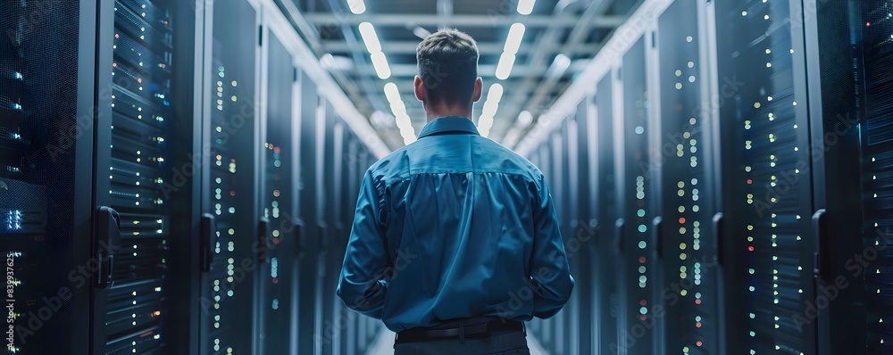 Poster it technician repairing server in large data center with rows of servers in the background business 