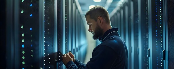 IT technician repairing a server in a large data center with rows of servers in the background