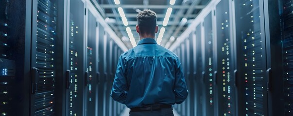 IT Technician Repairing Server in Large Data Center with Rows of Servers in the Background Business and Work Concept