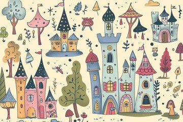 Cartoon cute doodles of whimsical fairytale castles and enchanted forests, Generative AI
