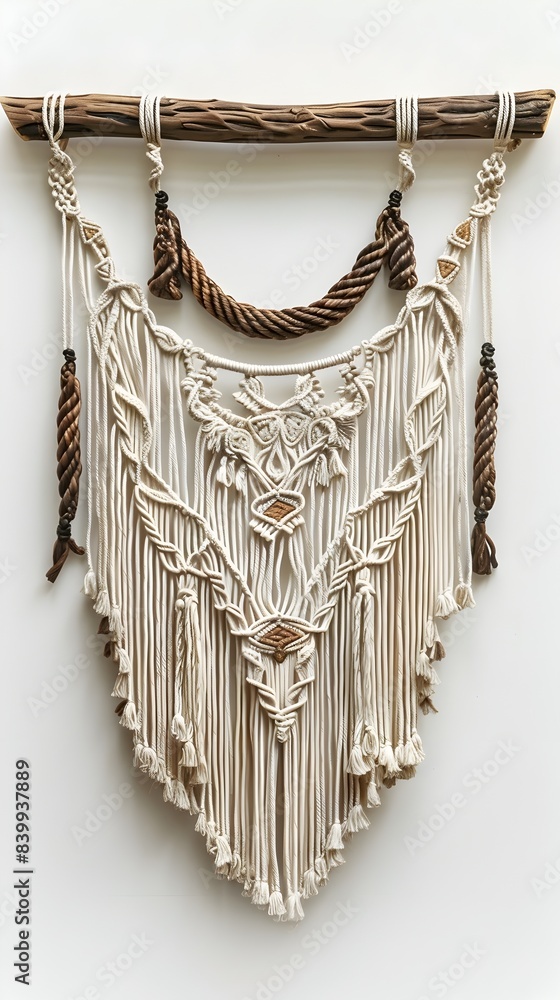 Poster bohemian macrame frame with handmade details on white background