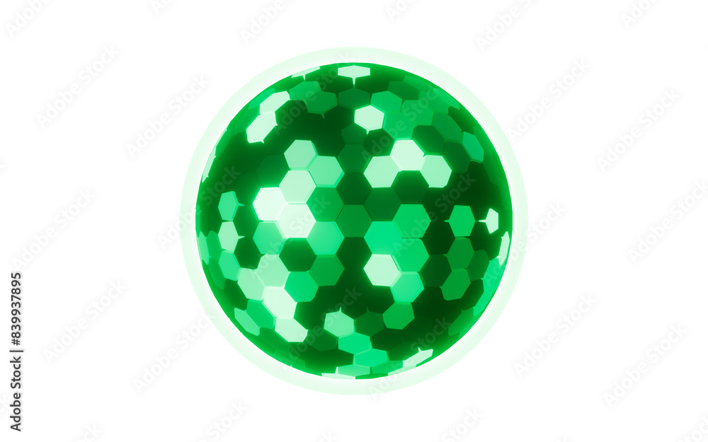 Poster abstract hexagonal sphere, neon glowing sphere, 3d rendering.