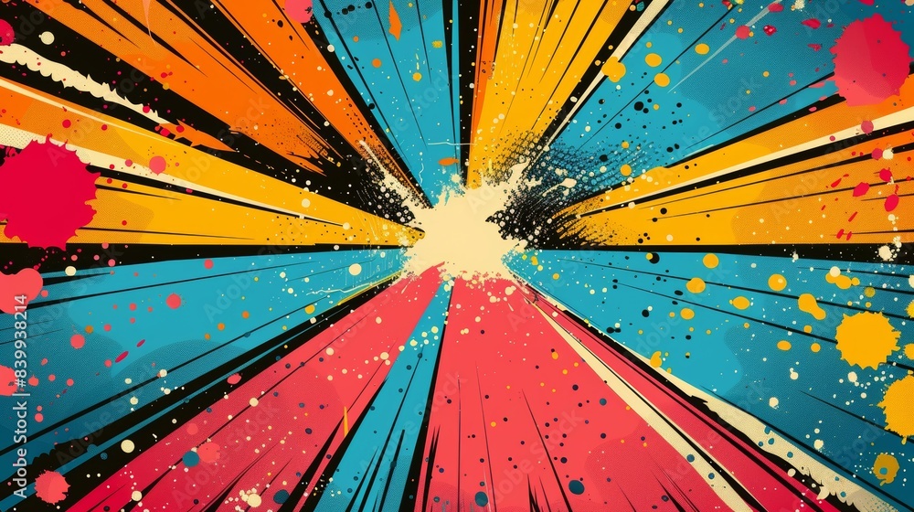 Poster vibrant abstract explosion painting with colorful splashes and dynamic lines, perfect for creative b