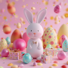 Vivid and playful 3D rendering of Easter eggs, a joyful bunny, and small gifts in a colorful and dreamy cartoon-like display, filled with fun and the soft hues of pastel colors