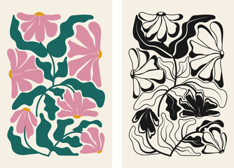 Two abstract floral posters. Black and white and color illustration in trendy naive retro hippie style 60s 70s. Modern poster and background.