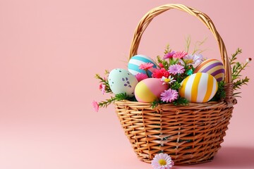 Basket filled with colorful Easter eggs and blooming flowers. Pink background, copy space available.