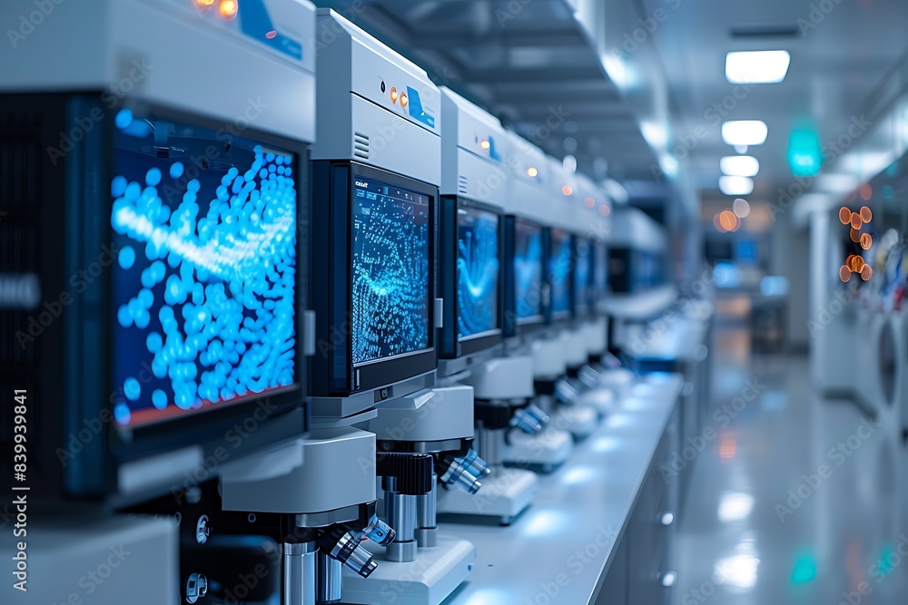 Leinwandbilder modern biotech lab with advanced data visualizations
