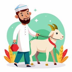 Naklejka premium a muslim man celbrating eid al-adha with his goat