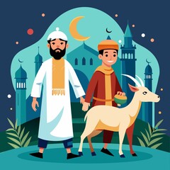 Fototapeta premium a muslim man celbrating eid al-adha with his goat