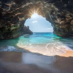 Fototapeta premium Mesmerizing Beach Landscape with Sunlit Sea Cave and Azure Waters