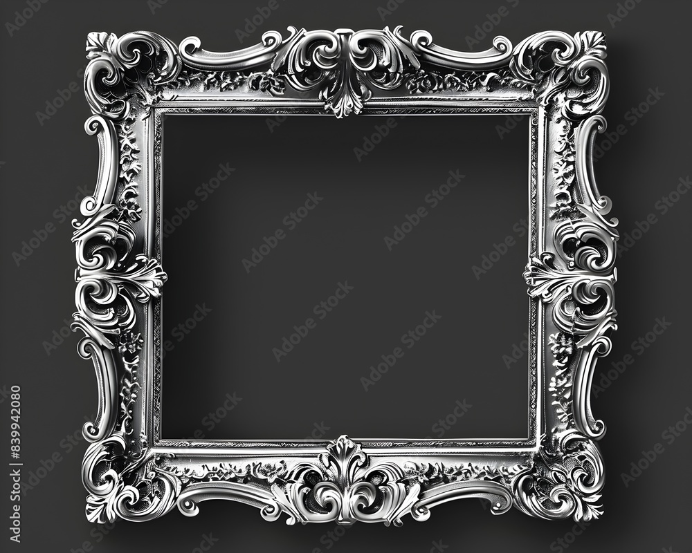 Poster elegant silver ornate frame with delicate patterns on plain background