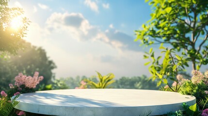 Podium mockup, forest landscape with blue sky and clouds, product display podium 3d render