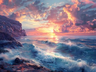 Fototapeta premium Dramatic Rocky Coastline with Crashing Waves and Vibrant Sunset Seascape