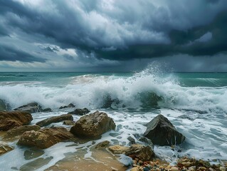 Dramatic Stormy Seascape with Powerful Waves Crashing Against Rocky Coastline