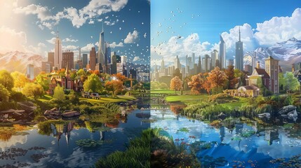 Fototapeta premium A stunning cityscape blending nature and modern architecture, showcasing seasonal changes from winter to summer in a vibrant, serene environment.