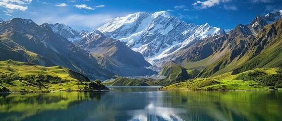 Majestic mountain range with snow-capped peaks reflecting in a tranquil lake, surrounded by lush green valleys under a clear blue sky.