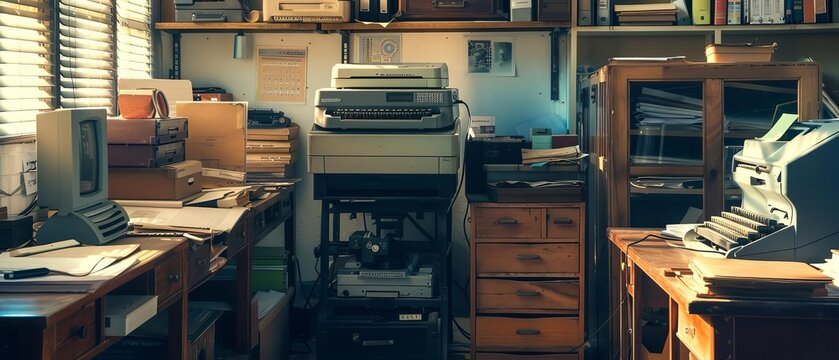 Vintage office room with old computers, a printer and wooden furniture. Nostalgic workspace from the past filled with vintage technology.