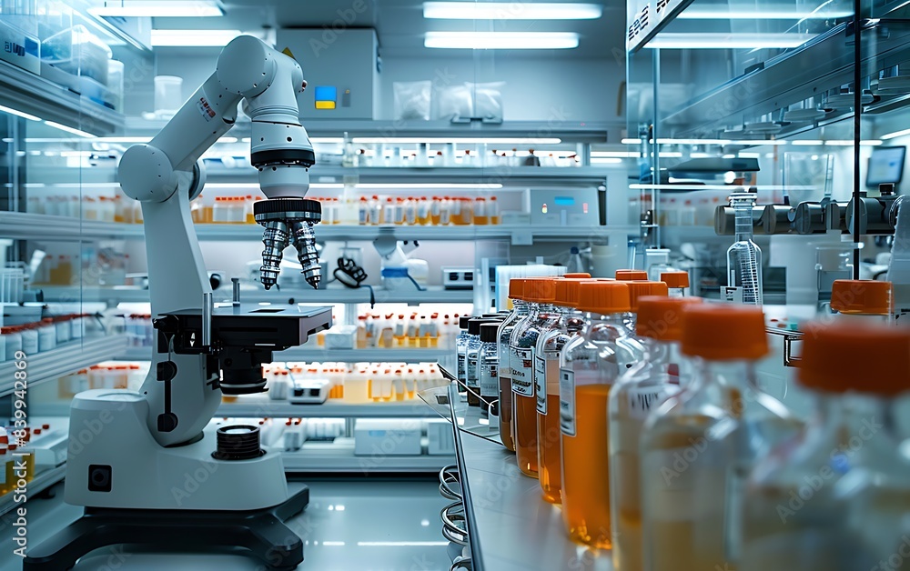 Poster automated lab with robotic arms managing samples