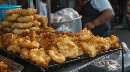 A plate of fried doughnuts with steam coming off them. The doughnuts are golden brown and appear to be freshly made