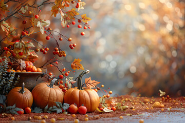 Celebrate Thanksgiving with a rich seasonal background showcasing autumn foliage, pumpkins, and harvest elements. The warmth and gratitude of the holiday, Fall and Thanksgiving traditions.