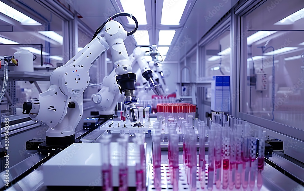 Poster automated lab with robotic arms managing samples