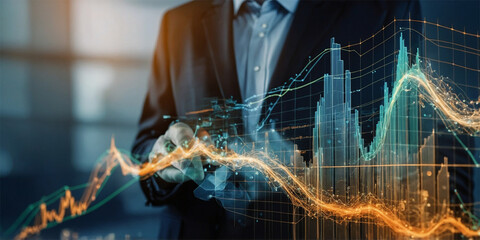 Investors' growth charts and investment analysis concepts of business growth, profit, development, and success Financial market graph presentation about stock market developments and profits.