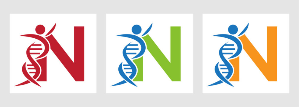 Letter N DNA Logo With Human Symbol. DNA Cell Icon. Health Care Sign