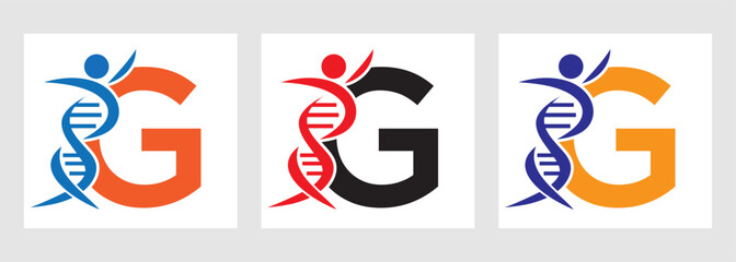 Letter G DNA Logo With Human Symbol. DNA Cell Icon. Health Care Sign