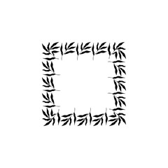 A black and white image of a frame with leaves. The frame is square and the leaves are arranged in a way that they look like they are growing out of the frame