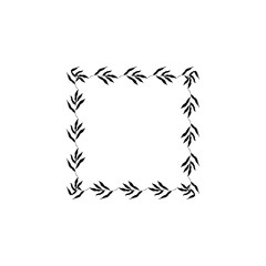 A black and white image of a frame with leaves. The frame is square and the leaves are arranged in a way that they look like they are growing out of the frame