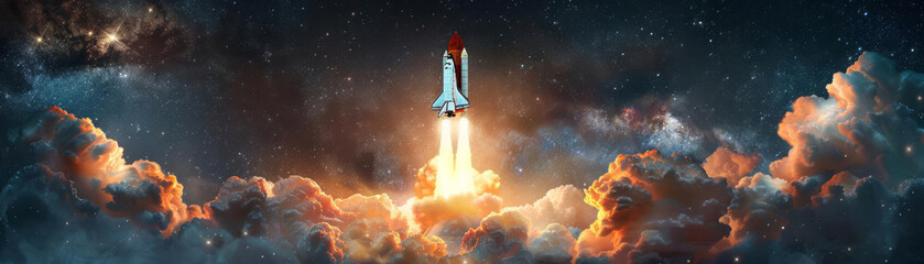 Naklejka premium The space shuttle launches into the starry sky, leaving a trail