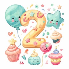 The number 2, adorned with cute, pastel-colored balloons, stars, and small birthday cakes, on a white background