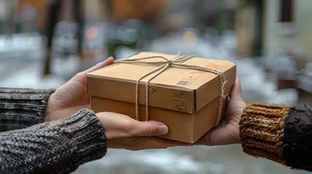Two hands exchange a gift box, symbolizing giving and receiving, wrapped in natural packaging with a string tie.