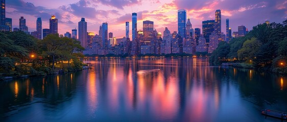 Fototapeta premium A serene sunset with soft colors reflected in the central park lake, flanked by the city's skyline