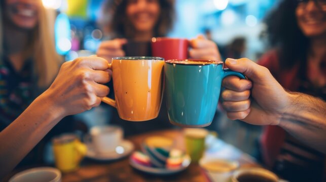 Group of friends toasting with colorful coffee mugs in a cozy cafe, celebrating and enjoying their time together