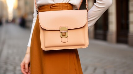 A woman is walking down the street with a pink purse. The purse is small and has a gold clasp. The woman is wearing a white dress and she is in a hurry
