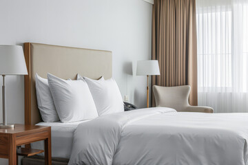 Modern hotel room with elegant bedding and stylish decor. Neutral tones and use of natural light.