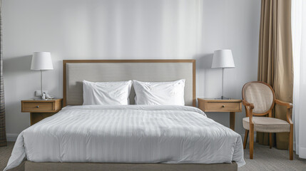 Modern hotel room with elegant bedding and stylish decor. Neutral tones and use of natural light.