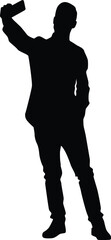 Men taking selfie silhouette illustration. Adult self photo pose. People selfie full body in black color.