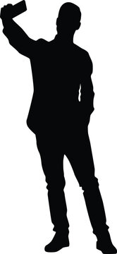 recommend clip art: Men taking selfie silhouette illustration. Adult self photo pose. People selfie full body in black color.