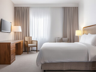 Modern hotel room with elegant bedding and stylish decor. Neutral tones and use of natural light.