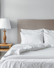 Modern hotel room with elegant bedding and stylish decor. Neutral tones and use of natural light.
