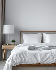 Modern hotel room with elegant bedding and stylish decor. Neutral tones and use of natural light.