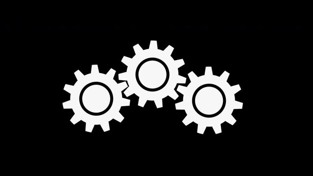 Three gears white gear icons shapes rotating work concept 2d animation black