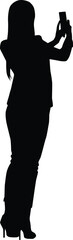 Women taking selfie silhouette illustration. Adult self photo pose. People selfie full body in black color.