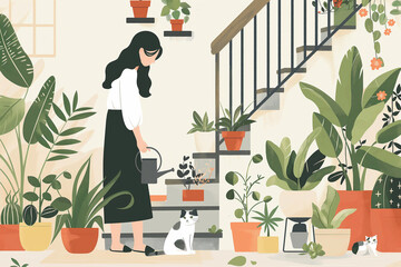 Gardening poster. Vector illustration of home gardening and trees for postcard or card.